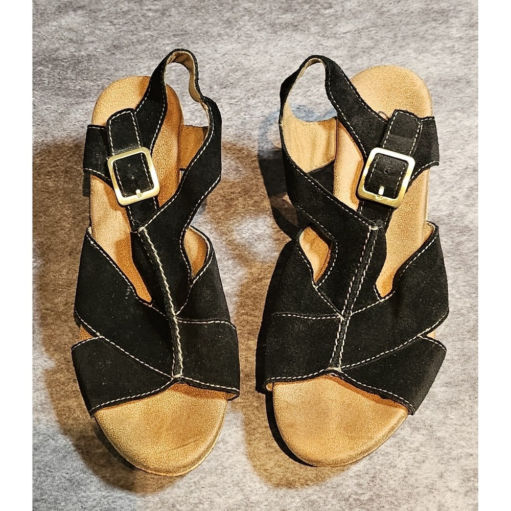 Clarks Collection Black Leather Open Toe Strappy Cork Wedge Sandals Women SZ 8.5